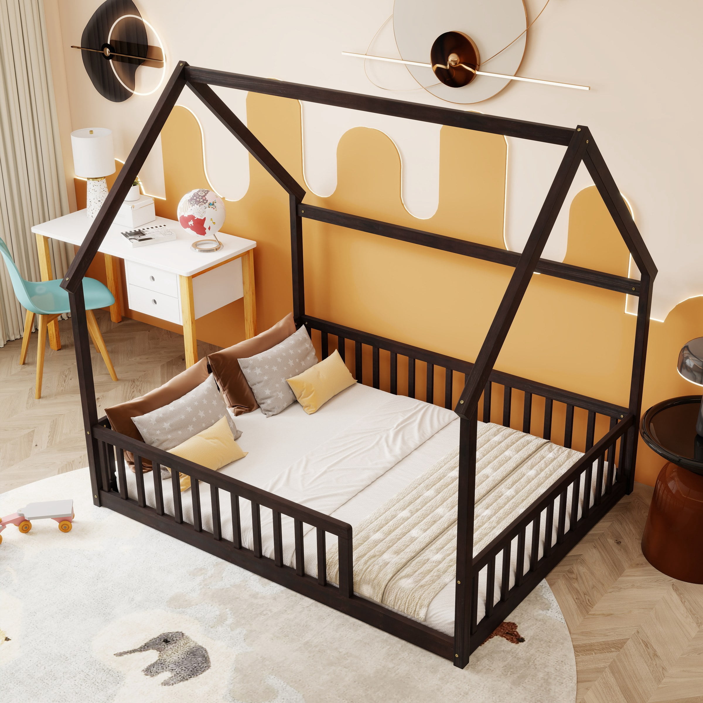 Full Size House Floor Bed with Roof Frame, Pine Wood Floor Bed with Safety Guardrails, Espresso