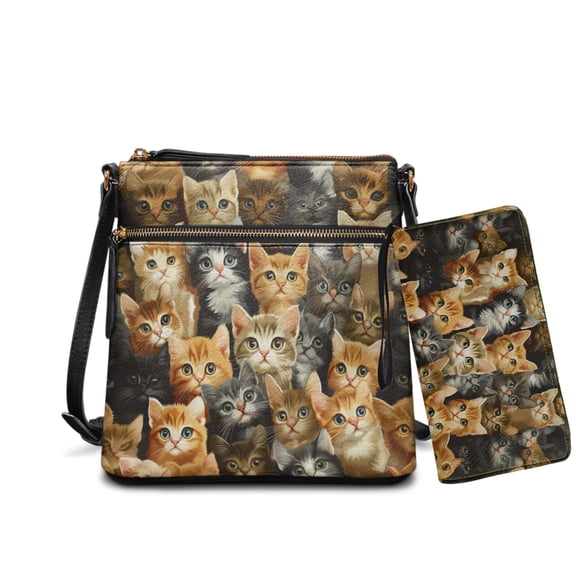 LedBack Cat Print Crossbody Hobo Bag Set for Women Waterproof Satchel Purse and Wallet Set Anti-Theft Shoulder Handbag with Wristlet Wallet, Brown