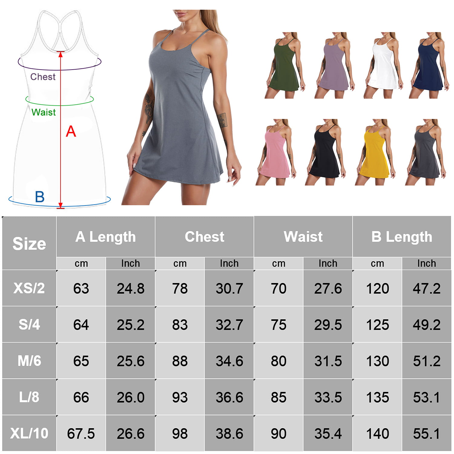 IUGA Womens Tennis Dress Built in Shorts & Bra Adjustable Straps Exercise  Workout Dress with Pockets Golf Athletic Dresses