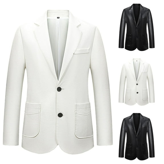FRSASU Men's Casual Lapel Collar 2 Button Slim Motorcycle Leather Blazer Slim Fit Suit Jacket White