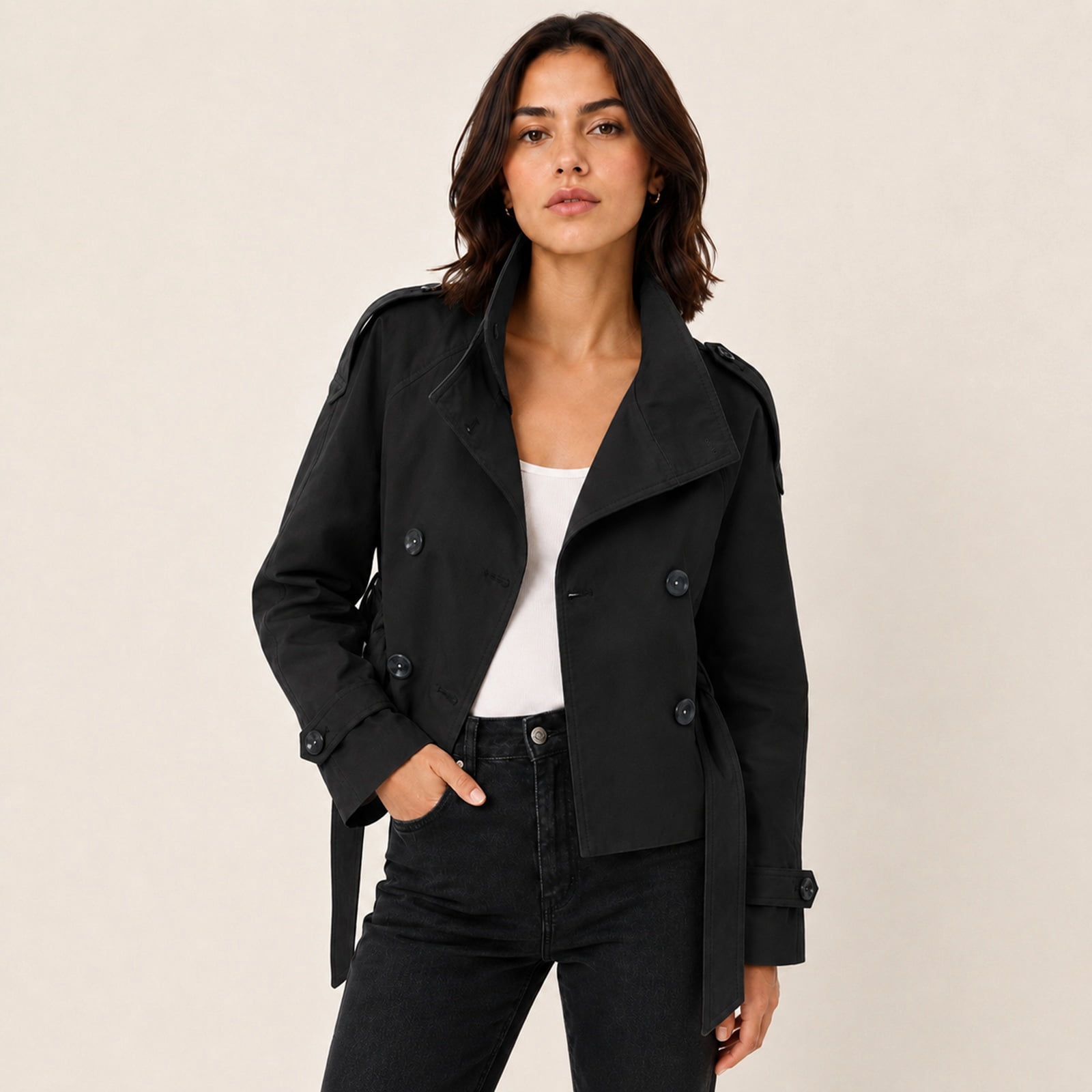 Wrongduck Women's Cropped Trench Coat Double Breasted Jacket with Belt, High Collar Lightweight Wrinkle Resistant Short Coat for Spring Fall