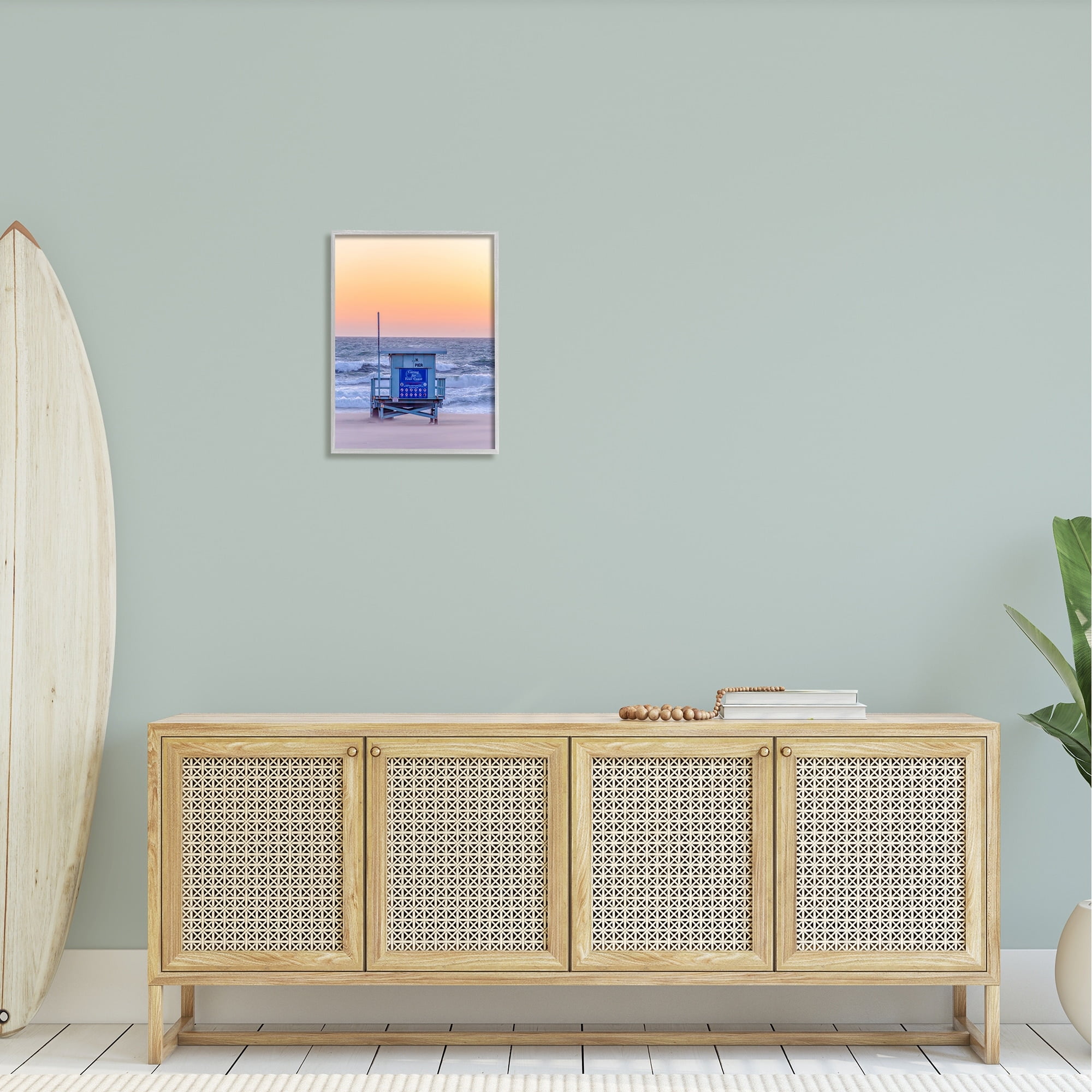 Stupell Industries Tranquil Orange Sunset Beach Hut Ocean Shore Photograph Gray Framed Art Print Wall Art, Design by Jeff Poe