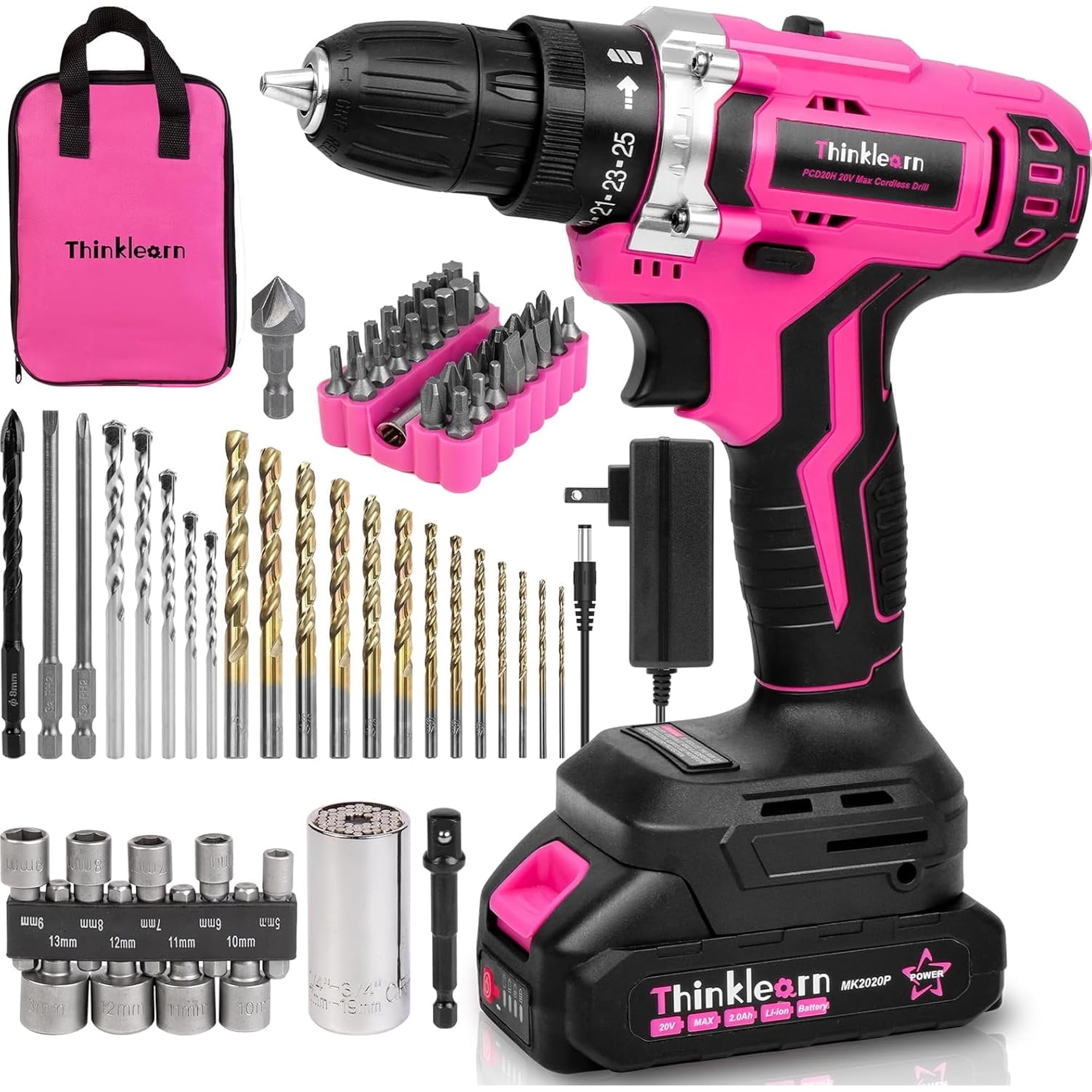 ThinkLearn Pink Cordless Drill Set, 20V Lithium-ion Power Drill Set for Women with 67Pcs Drill Driver Bits, 3/8"Keyless Chuck, 25+1 Position Electric Drill, 2.0Ah Battery, Fast Charger and Storage Bag