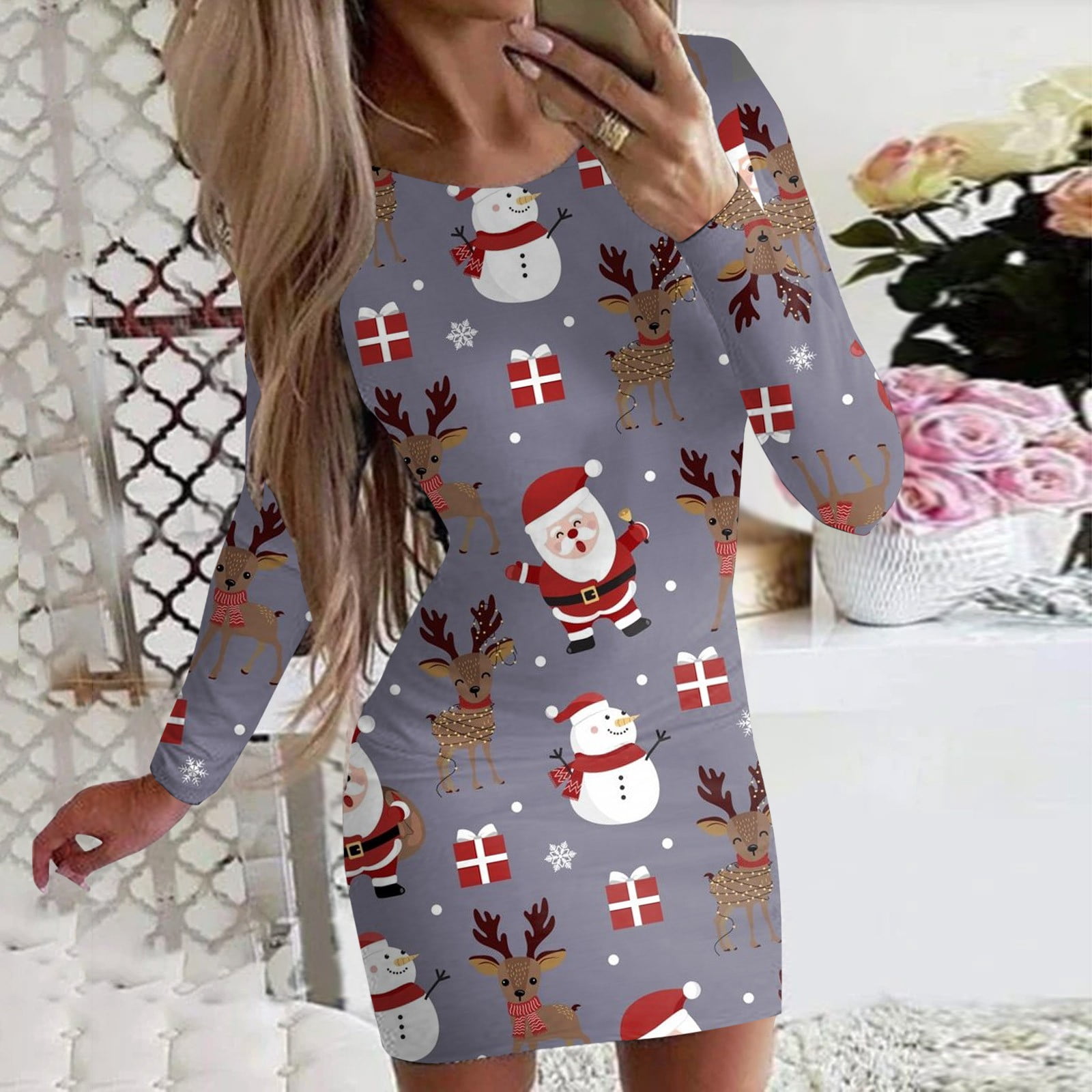 Women's Elegant Dresses Christmas Printed Long Sleeves Round Neck Tight  Above Knee Casual Mini Dress Women's Casual Dress F M - Walmart.com