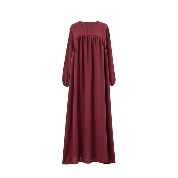 cfhntfmh Maxi Dresses for Women Casual Long Sleeve Crewneck Solid Color Fall Dress Flowy Pleated Oversized Pullovers Dress