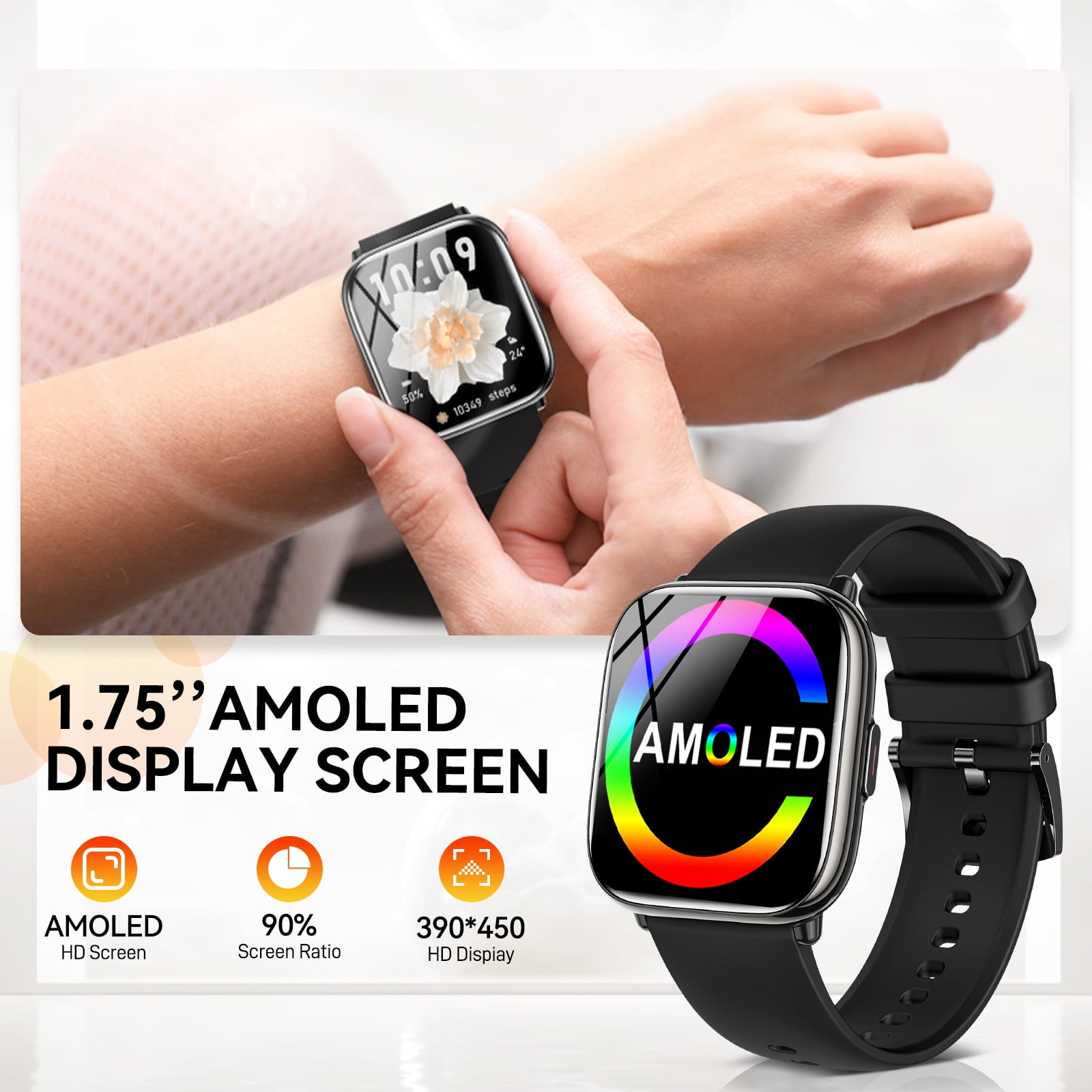 XAXRE Smartwatch for Women Men 1.75" AMOLED Display IP68 Waterproof  Smartwatch with Fitness Tracker Pedometer Sport Watch for iOS Android, 1pc, Black