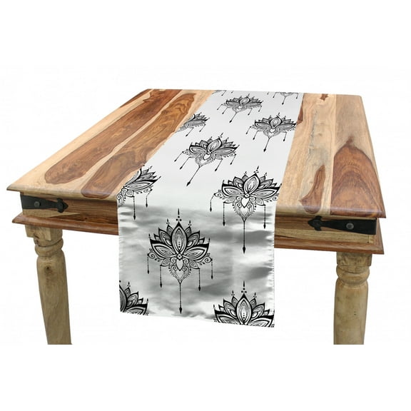 Floral Table Runner, Bohemian Style Lotus Flowers in Monochrome Style Artistically Drawn by Hand, Dining Room Kitchen Rectangular Runner, 3 Sizes, by Ambesonne