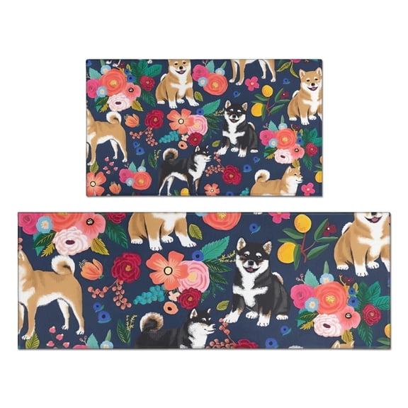 Shiba Inu and Pioneer Flower Kitchen Rugs Sets Of 2,Anti Fatigue Kitchen Mat Rugs Non Slip Washable,Decorative Kitchen Floor Mats for Kitchen,Sink,Laundry,17"x30" 17"x47"