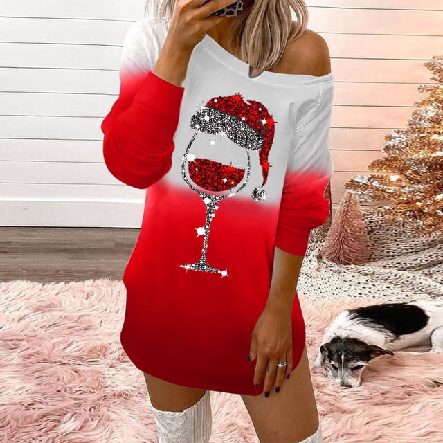 Fankiway Robes à Manches Longues pour Femmes Épaules Dénudées Imprimé de Noël Tournesol Automne Robe Décontractée Grande Taille