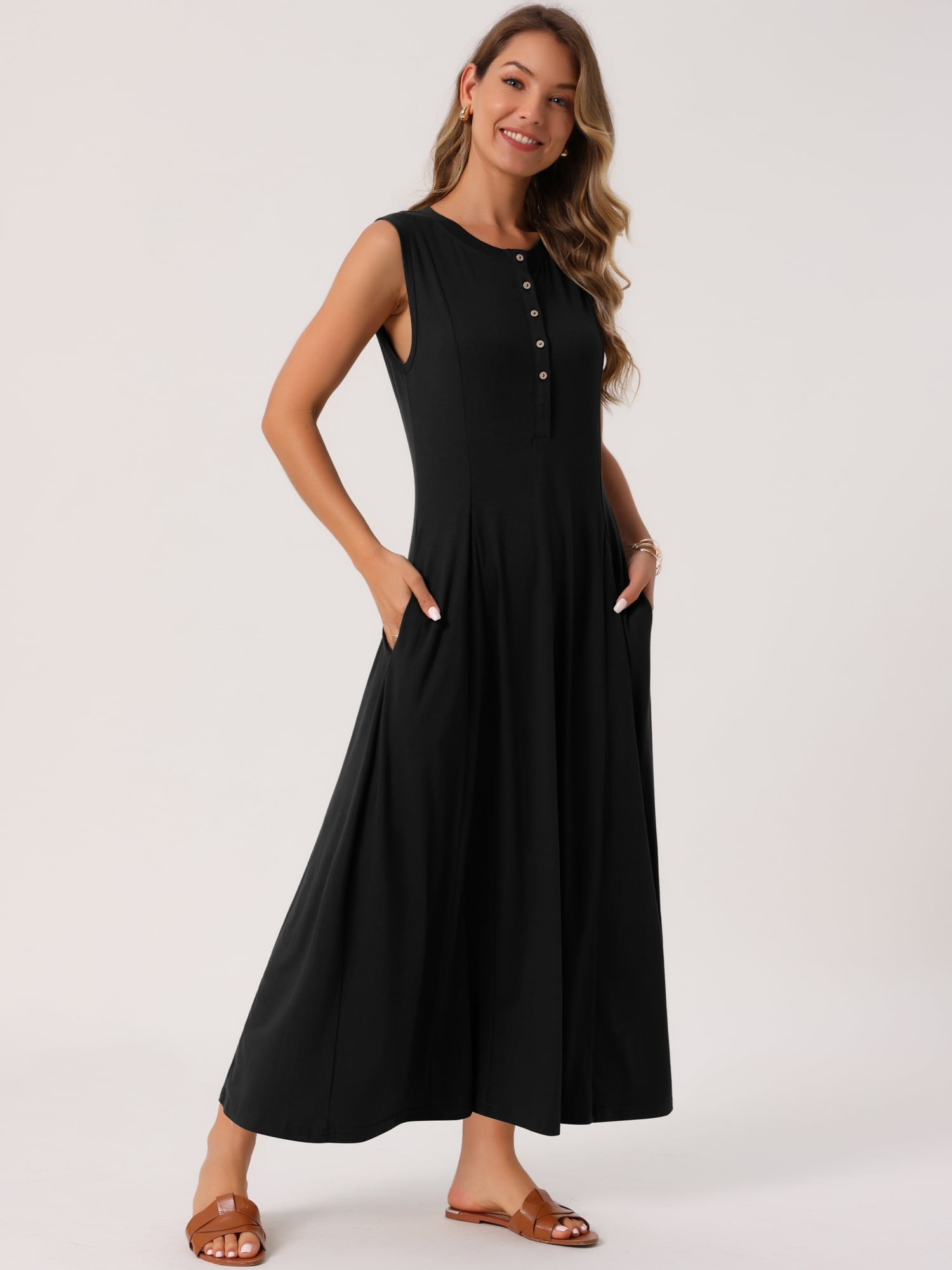 DARING DIVA Sleeveless Button A-Line Casual Maxi Dress M Black