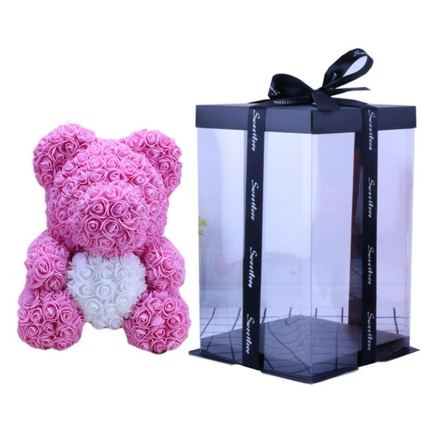 Osito de peluche rosa artificial de espuma con forma de flor eterna para regalo de San Valentín, decoración del hogar con caja de regalo