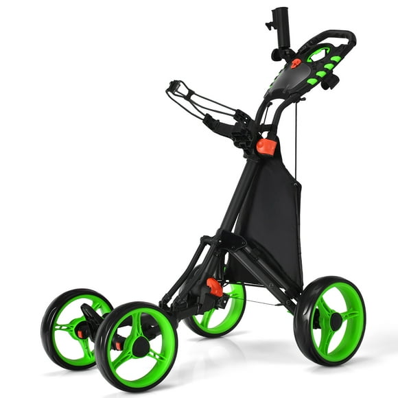Goplus Folding 4 Wheels Golf Push Cart W/Bag Scoreboard Adjustable Handle Green