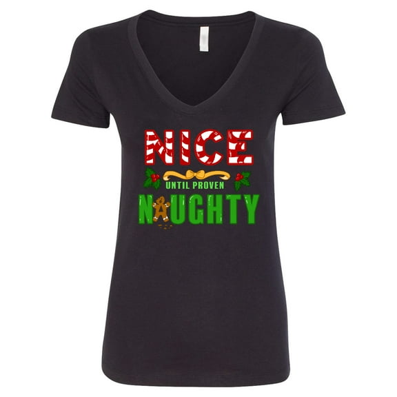 Inktastic Nice Until Proven Naughty with Holly and Gingerbread Man Women's V-Neck T-Shirt