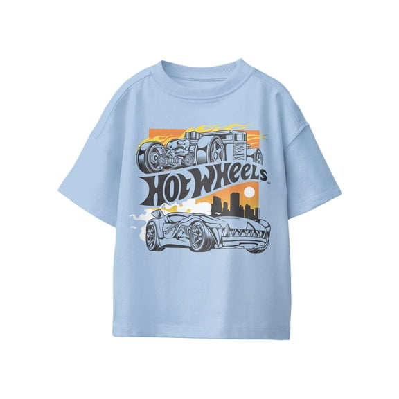 Hot Wheels Hot Rod City Skyline Boys Graphic Short Sleeve T-Shirt (Light Blue, S-XL)