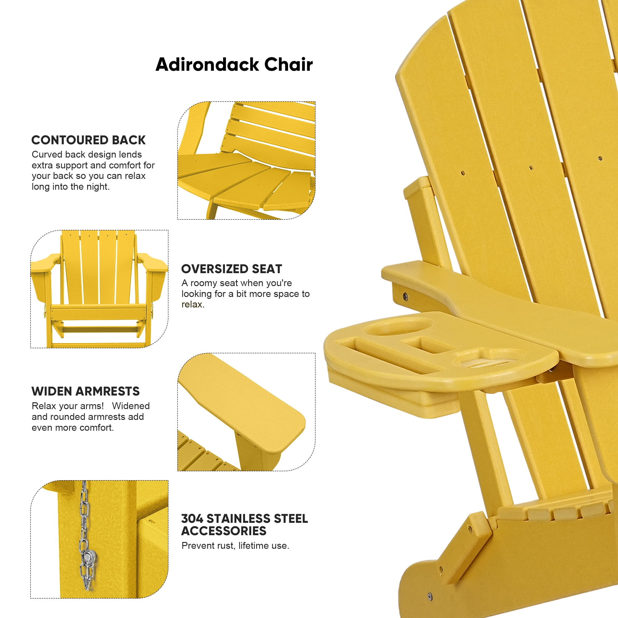 Folding HDPE Adirondack Chair with 4 in 1 Cup Holder Tray Plastic Adirondack Chairs Weather Resistant Lawn Outdoor Firepit Chairs, Yellow