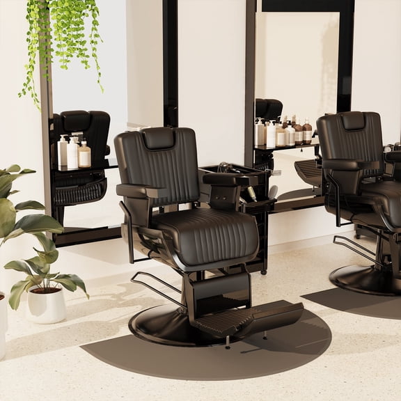 Baasha Reclining Barber Chair with Removable Headrest, Heavy-Duty Hydraulic Black Leather Tattoo Chair with Comfortable Seat Cushion for Home