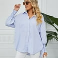 thumbnail image 2 of Defitshape Women's Long Sleeve Shirt Soft Stripe Blouse Top Boyfriend Work Bishop Sleeve Button Down Shirts Blue XX-Large, 2 of 4