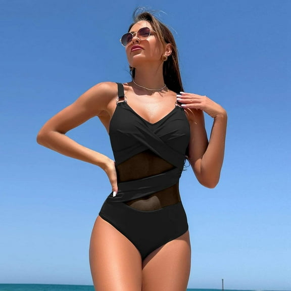 Mesh Plus Size Swimsuit Women Hollow Out Swimwear Sexy Thongs Halter Black Bodysuit Fashion Summer 2025 New Female Bathing Suit