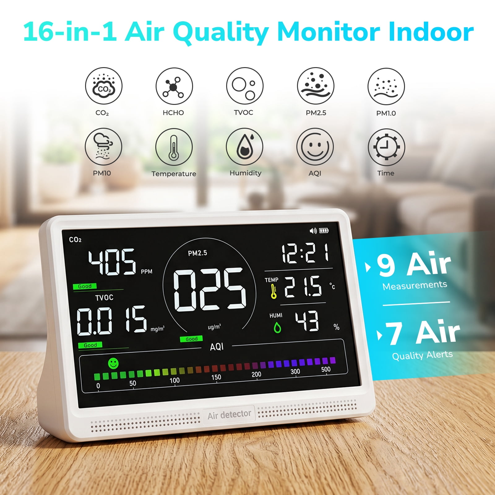 Fil-fresh 16 in 1 Air Quality Monitor Indoor 7" Display 9 AQI+7 AQI Alerts, CO2 Monitor Air Quality Tester for CO2, TVOC, HCHO, PM2.5, PM1.0, PM10, Time, Temperature, Humidity Meter