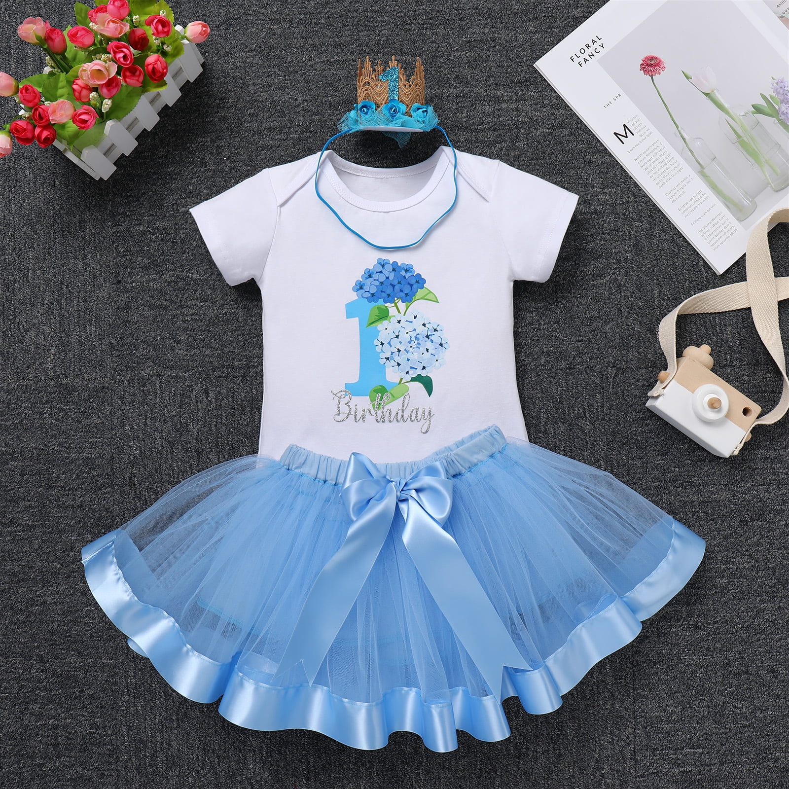 IBTOM CASTLE Infant Baby Girl One Year Old Birthday Outfit Floral Lace Party Cake Smash Romper + Tutu Skirt + Crown Clothes Set for Photo Shoot 1 Year Blue - Flower