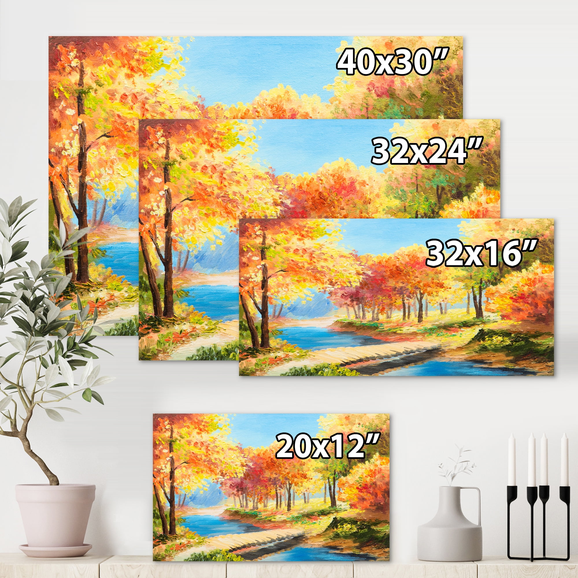 Designart ' Orange and Yellow Trees By The Riverside ' Lake House Canvas Wall Art Print