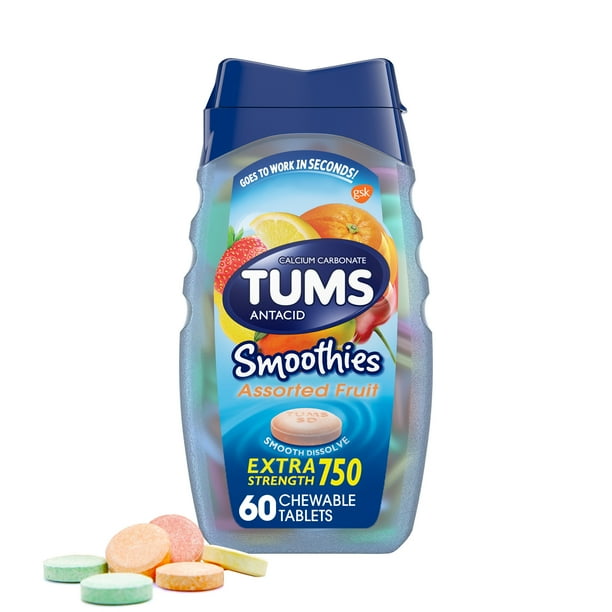 TUMS Smoothies Extra Strength Heartburn Relief Antacid Tablets, Fruit, 60 Count