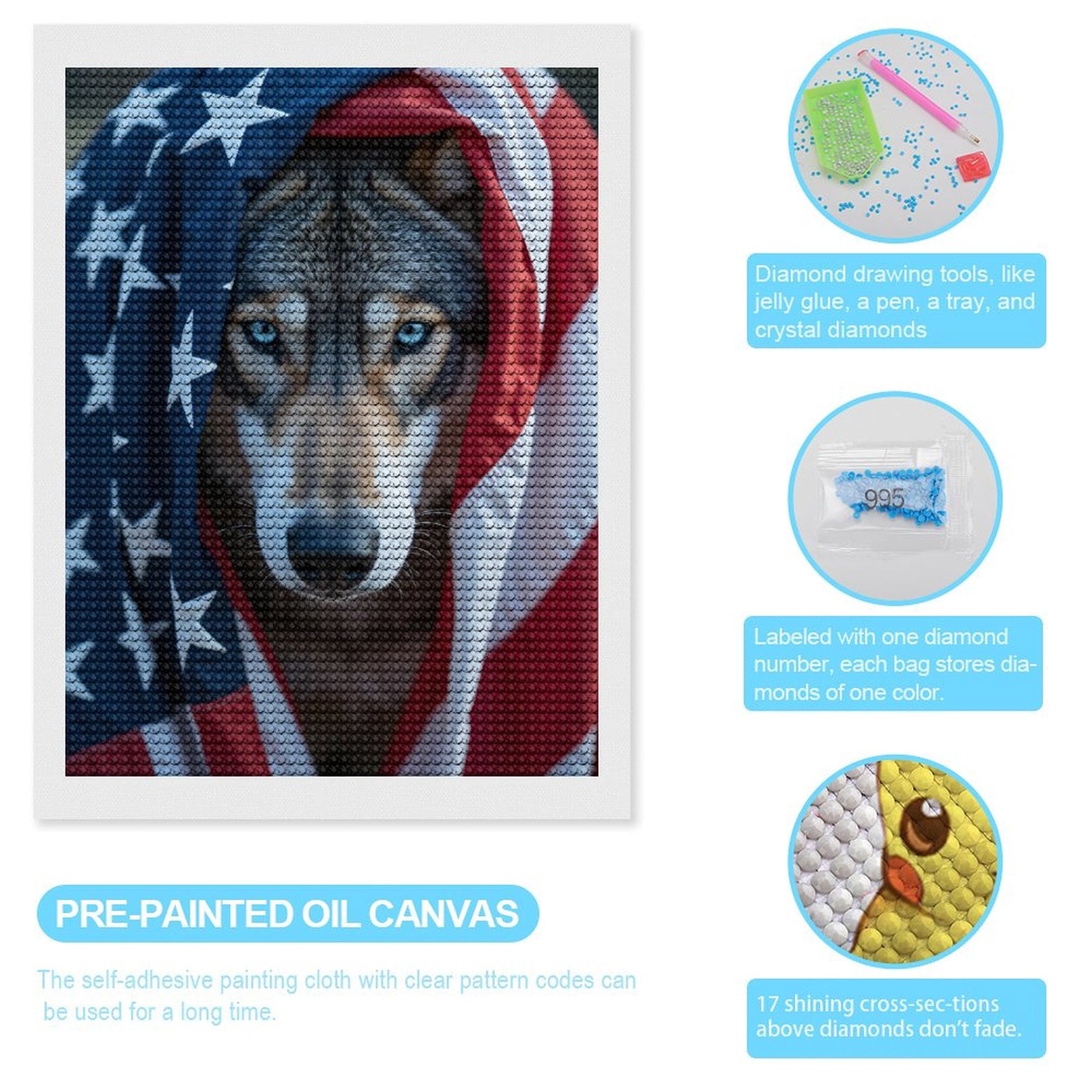 Diamond Art Kits for Adults, Wolf Wrapped In Stars And Stripes 5D Diamond Painting Kits for Adults Beginners, DIY Full Drill Diamond Painting, Gem Art and Crafts 12x16