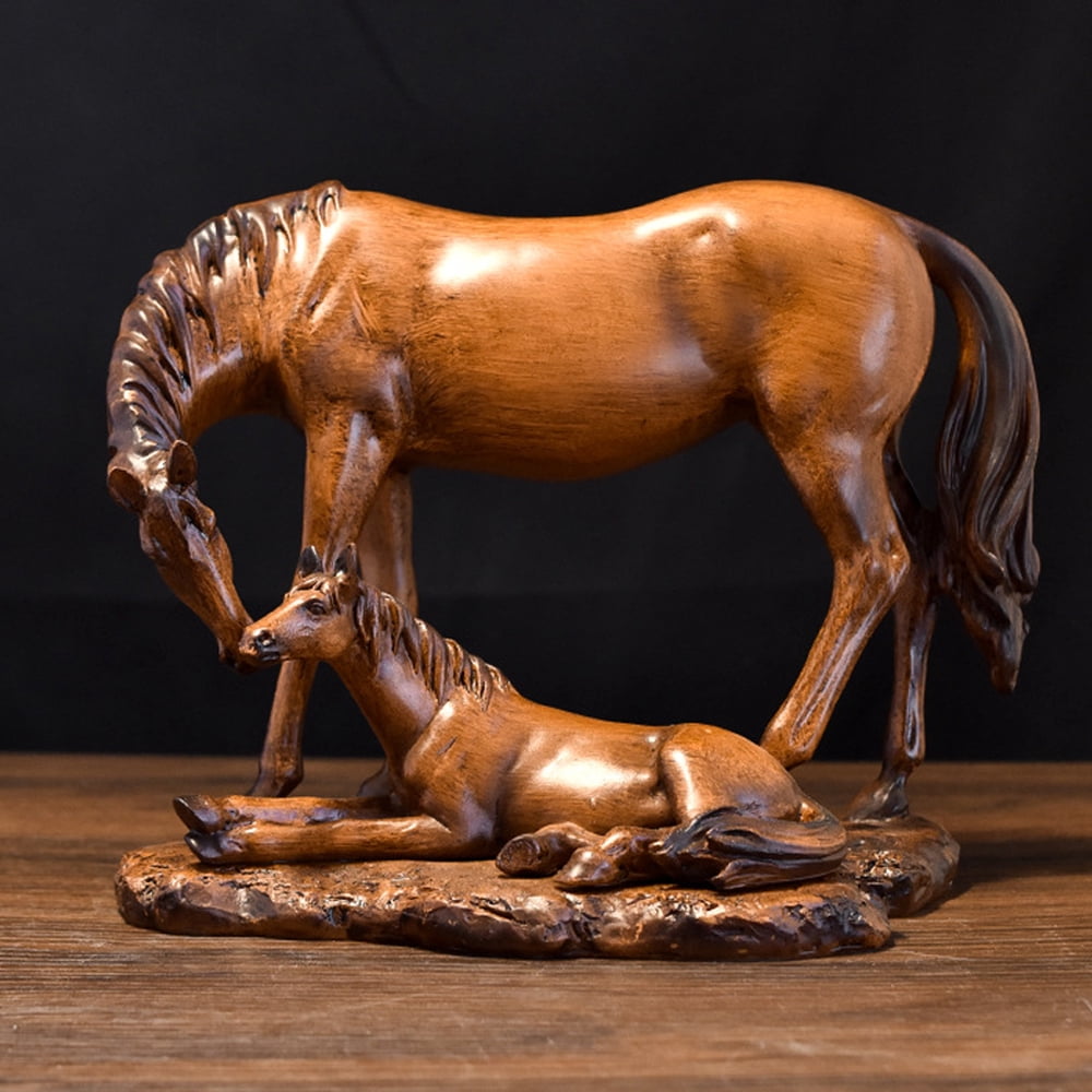 Resin Wood - Grain Mother & Foal Horse Statue - 7.67"×4.33"×5.9" Equestrian Sculpture, Rustic Home Decor for Living Room/Office, Gift for Horse Enthusiasts