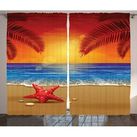 Tropical Decor Curtains 2 Panels Set, Sunset Cartoon Illustration Beach Summer Starfish Palm Tree Ocean Fantasy Art, Living Room Bedroom Accessories, Gift Ideas, By Ambesonne