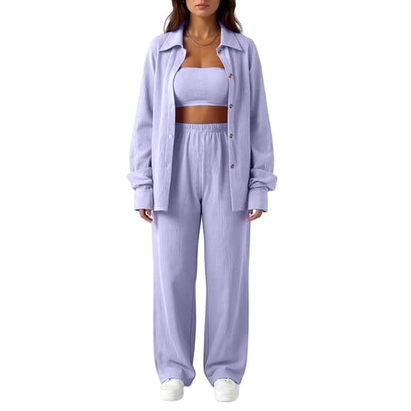 dGslk Women's Casual Fashion Solid Color Button Cardigan Lapel Two-Piece Suit Light Purple S