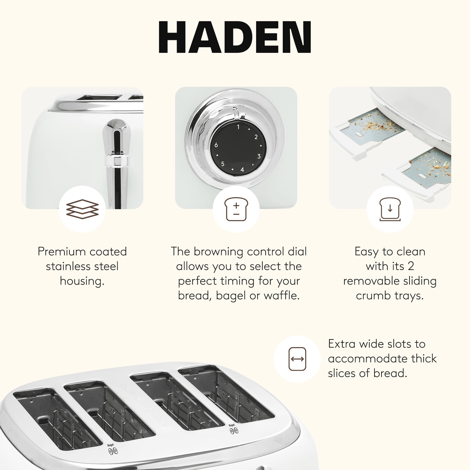 Haden Heritage 4 Slice Wide Slot Toaster & Coffee Maker, Ivory & Chrome