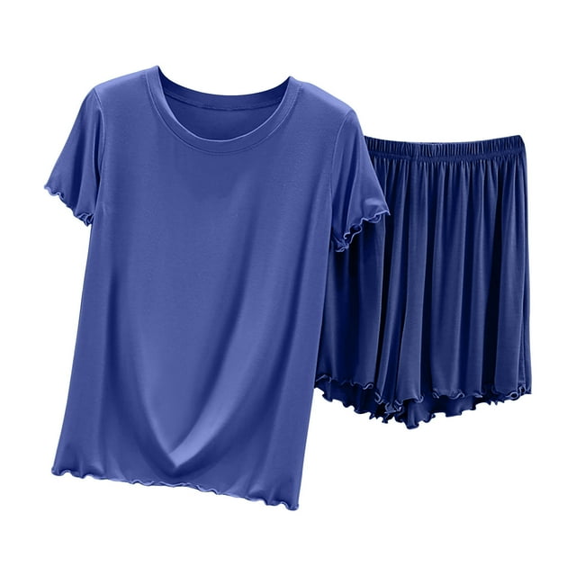 MeetoTime Pajamas for Women Set Summer Soft Ruffled Short Sleeve T-shirt and Shorts Two-piece Set