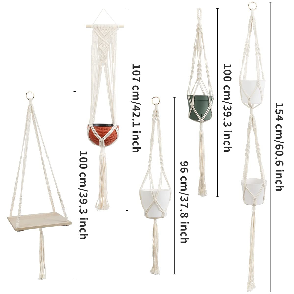 EHWINE 5 Pack Hanging Planter, Macrame Plant Hanger Tall Handmade Indoor Plant Stand Hanging Planters for Indoor Plants Flower Pots Holder Stand for Indoor Outdoor Boho Home Decor