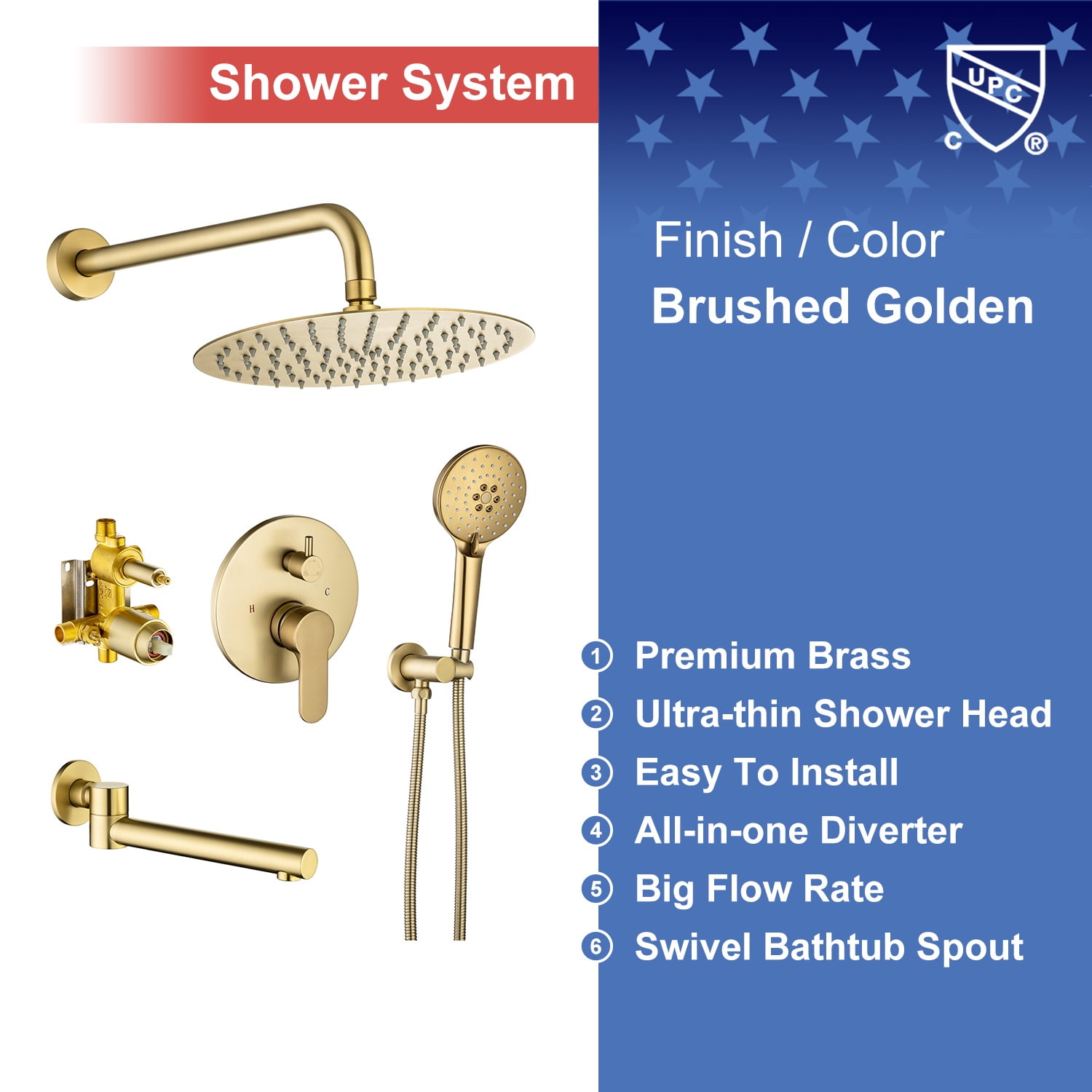Rainlex One-Handle 1-Spray Brushed Gold Bathtub Shower Faucet