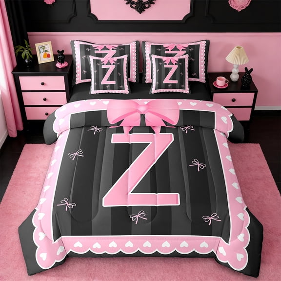 Manfei Monogrammed Z Bed in a Bag Twin Size,Ribbon Bowknot Bed Set,Pink Black Bedding Twin Size,Microfiber Room Decorative Reversible,7 Pieces
