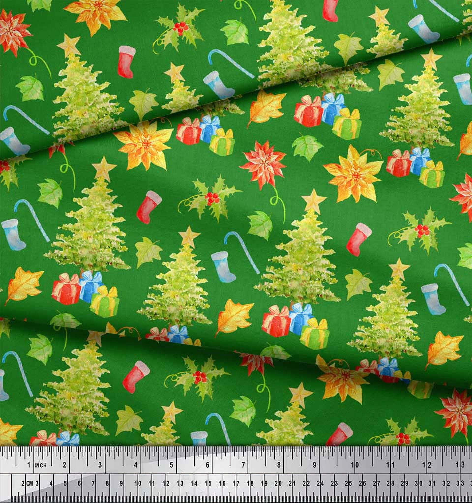 Soimoi Green Viscose Chiffon Fabric Gifts & Christmas Tree Print Sewing Fabric Yard 42 Inch Wide