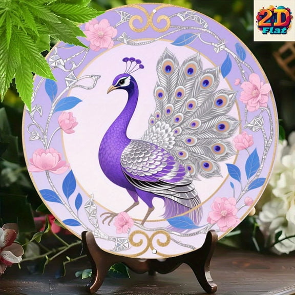 HELLOYOUNG Aluminum Wall Art Round Purple Peacock with Pink Flowers Blue Leaves Gold Silver Home Decor Luxury Elegant Metal Wall Decor for Living Room
