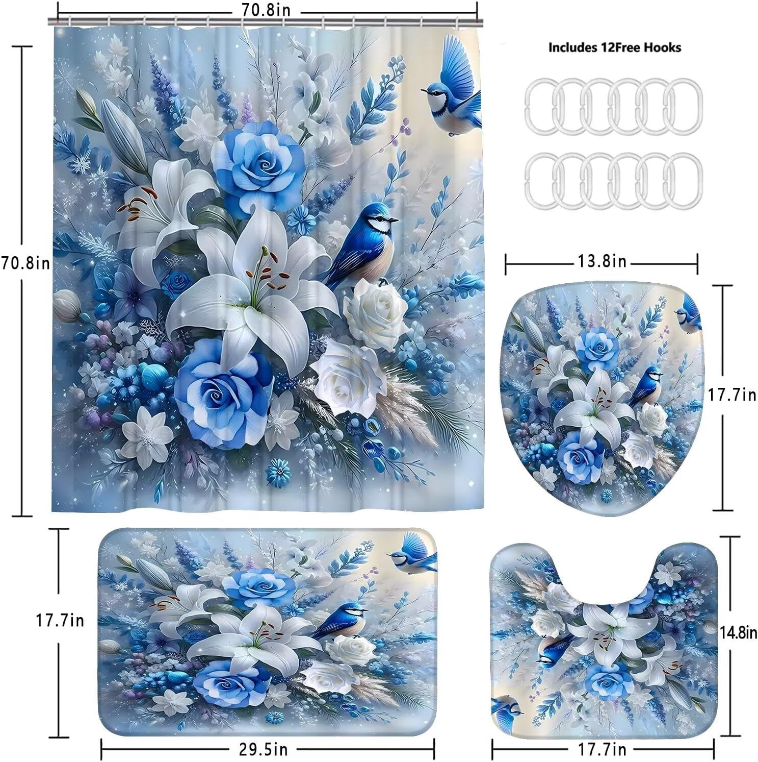 4Pcs Butterfly Shower Curtain Sets with Rugs Butterfly Pearl Bathroom Set with Non-Slip Rugs Toilet Lid Cover and Bath Mat Vintage Shower Curtain with 12 Hooks, Durable Bathroom Decor Set