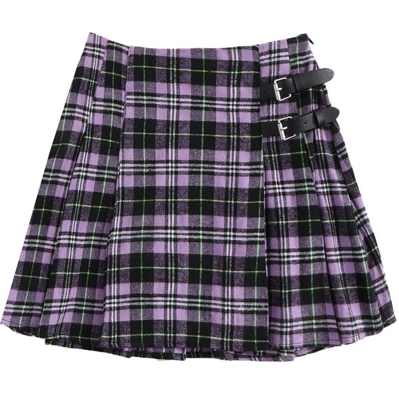 jovati Black Pleated Skirt for Women Womens Plaid High Waist Buckled Pleated A Line Short Mini Skater Skirt