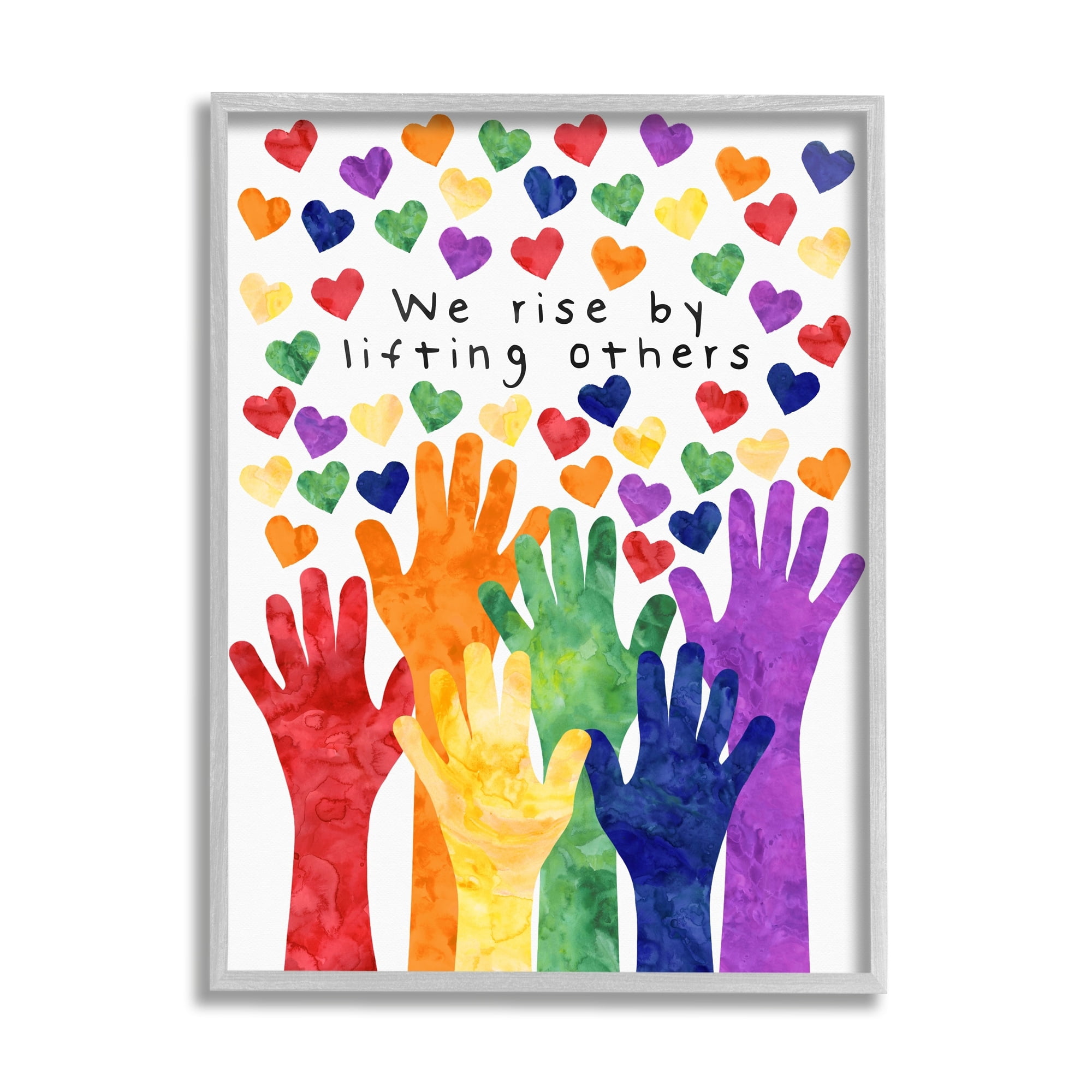 Stupell Industries We Rise By Lifting Others Rainbow Hand Hearts Graphic Art Gray Framed Art Print Wall Art, 16x20, by Erica Billups