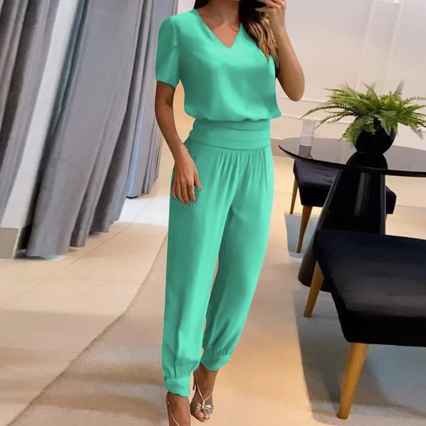 ICHUANYI Clearance Fashion Woman Round Neck Solid Short Sleeve Blouse +Loose Pockets Pants Sets(Green, M) ICHUANYI WER2023080905350