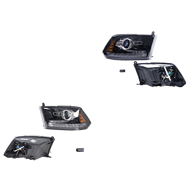 Par de Faros Delanteros Generica Ram 2013 A 2014 Dodge Con Luz Día Con Lupa Fondo Negro