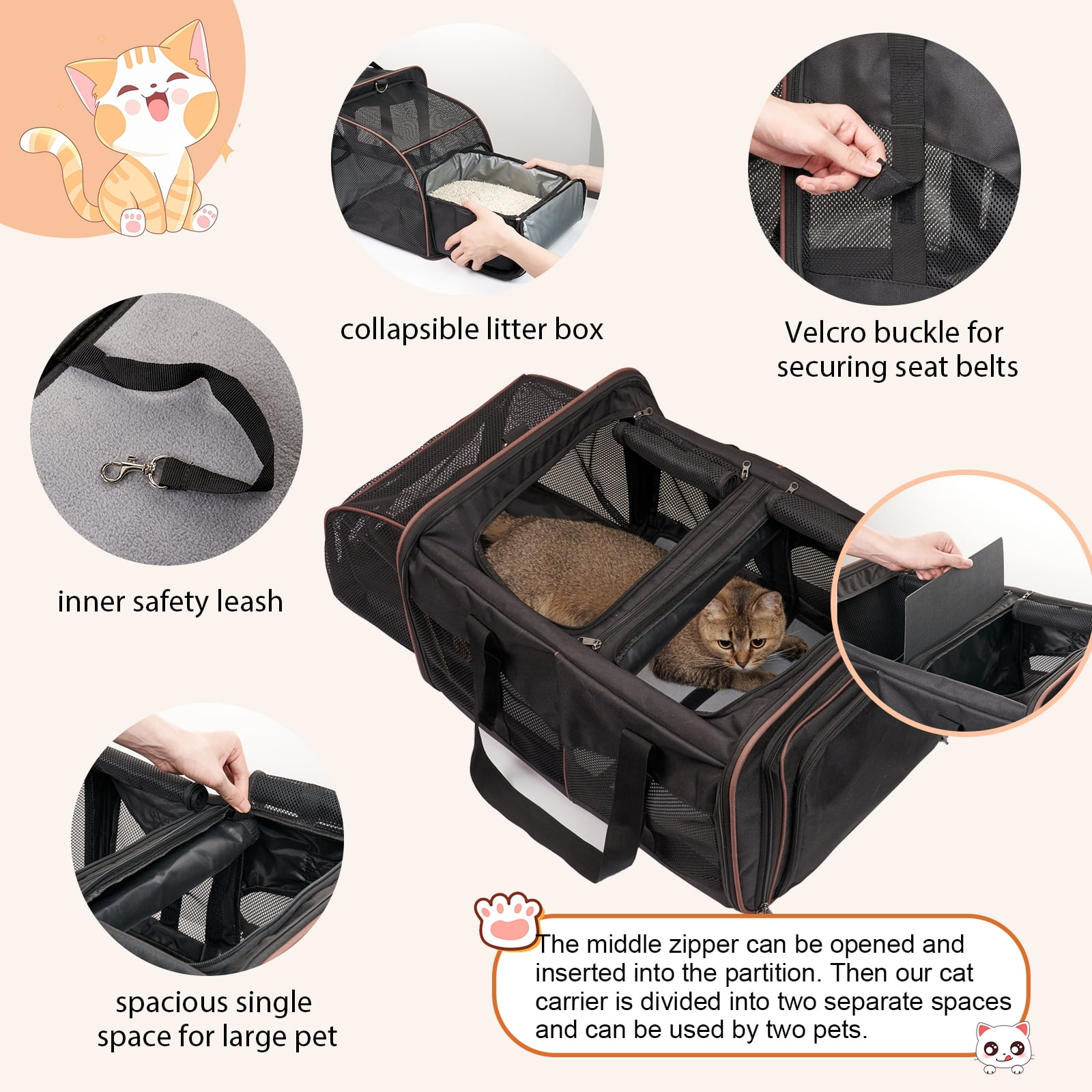 LitaiL Cat Carrier for 2 Cats, 2-in-1 Double Pet Carrier with 2 Litter Boxes, Portable Soft Sided Dog Carrier for Traveling, Black