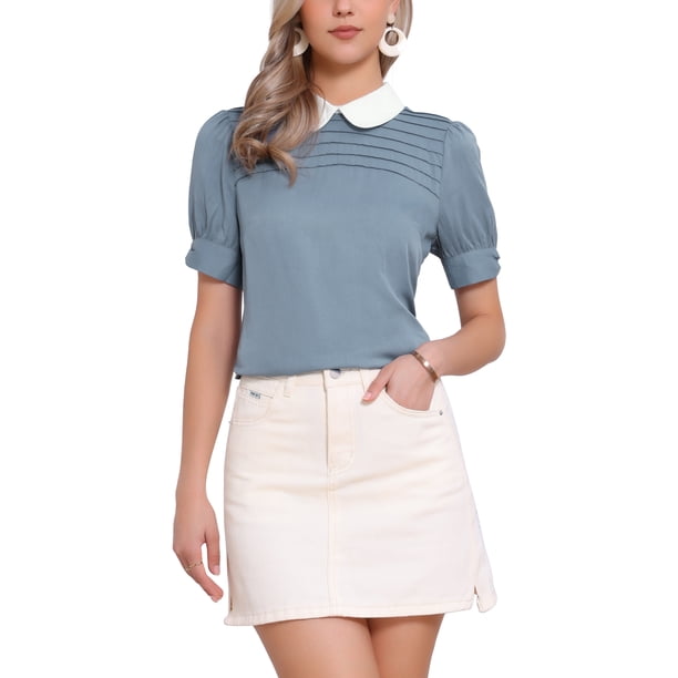 INSPIRAR CHIC Blusa de Mujer Vintage con Cuello Peter Pan, Manga Corta con Contraste, Color Gris Azul