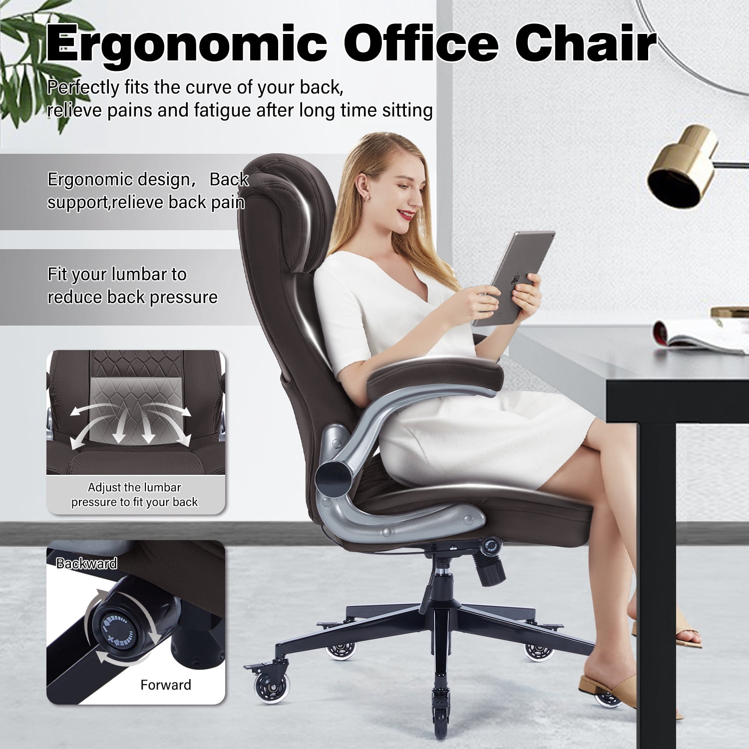High Back Office Chair with Lockable Wheels, 400lbs Large Fabric Executive Desk Chair, Adjustable Lumbar Support Flip up Arms, Ergonomic Home Office Computer Chair with Storage Pocket, Brown