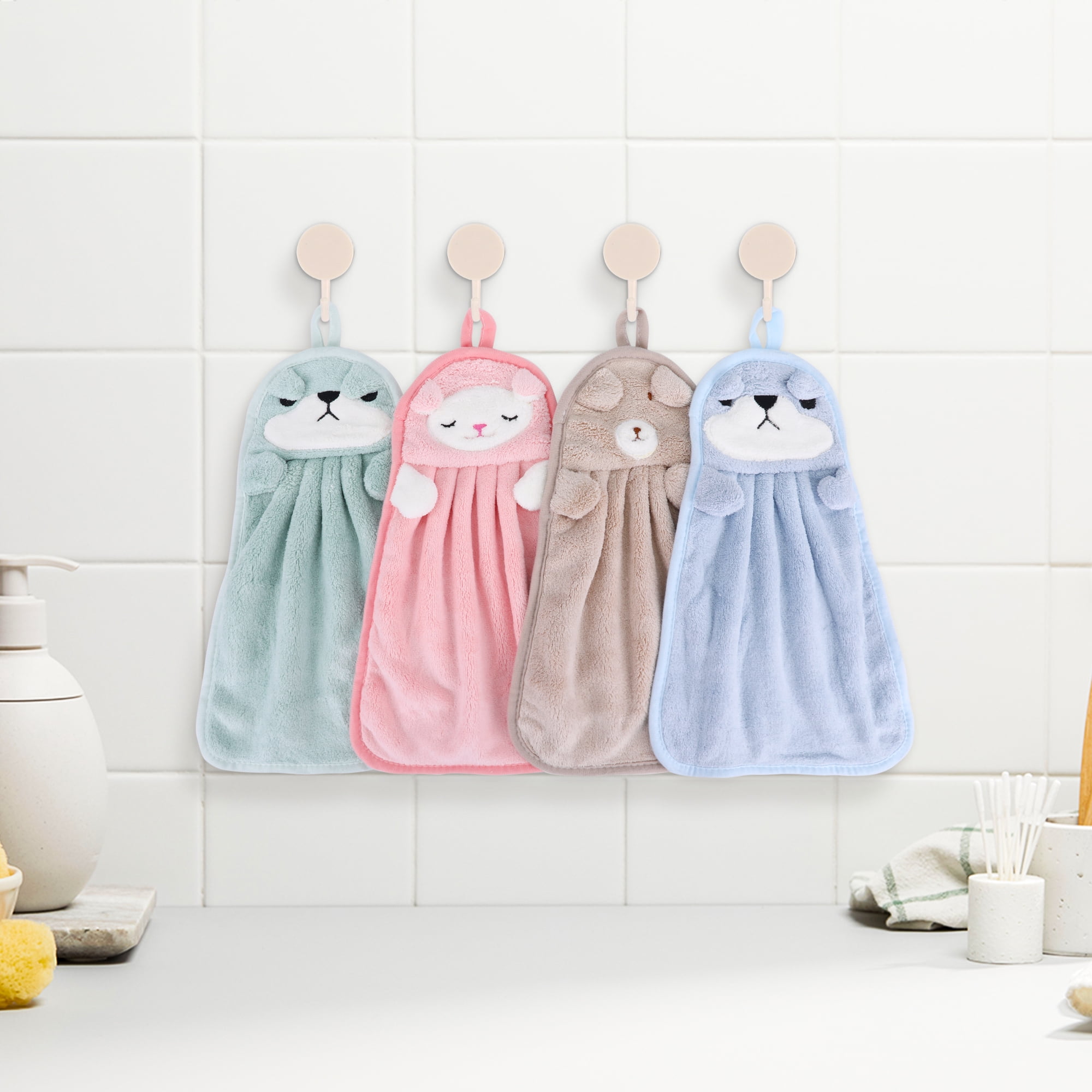 Unique Bargains 6 Pack Cute Animal Hand Towels with Hanging Loop Green-Sheep