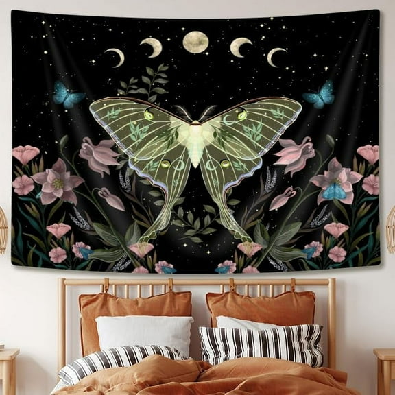 Yellow Moth Tapestry Wall Hanging, Moon Phase Stars Cute Plants Butterfly Floral Botanical Nature Aesthetic Celestial Wall Tapestries for Bedroom Home Living Room Dorm 60X40 Inch