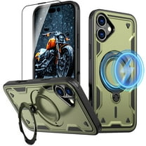 Elehold Magnetic for iPhone 16 Case Compatible with MagSafe,Rotating Foldable Invisible Stand Military Dropproof Rugged Case with Tempered Glass Screen Protector for iPhone 16,Green