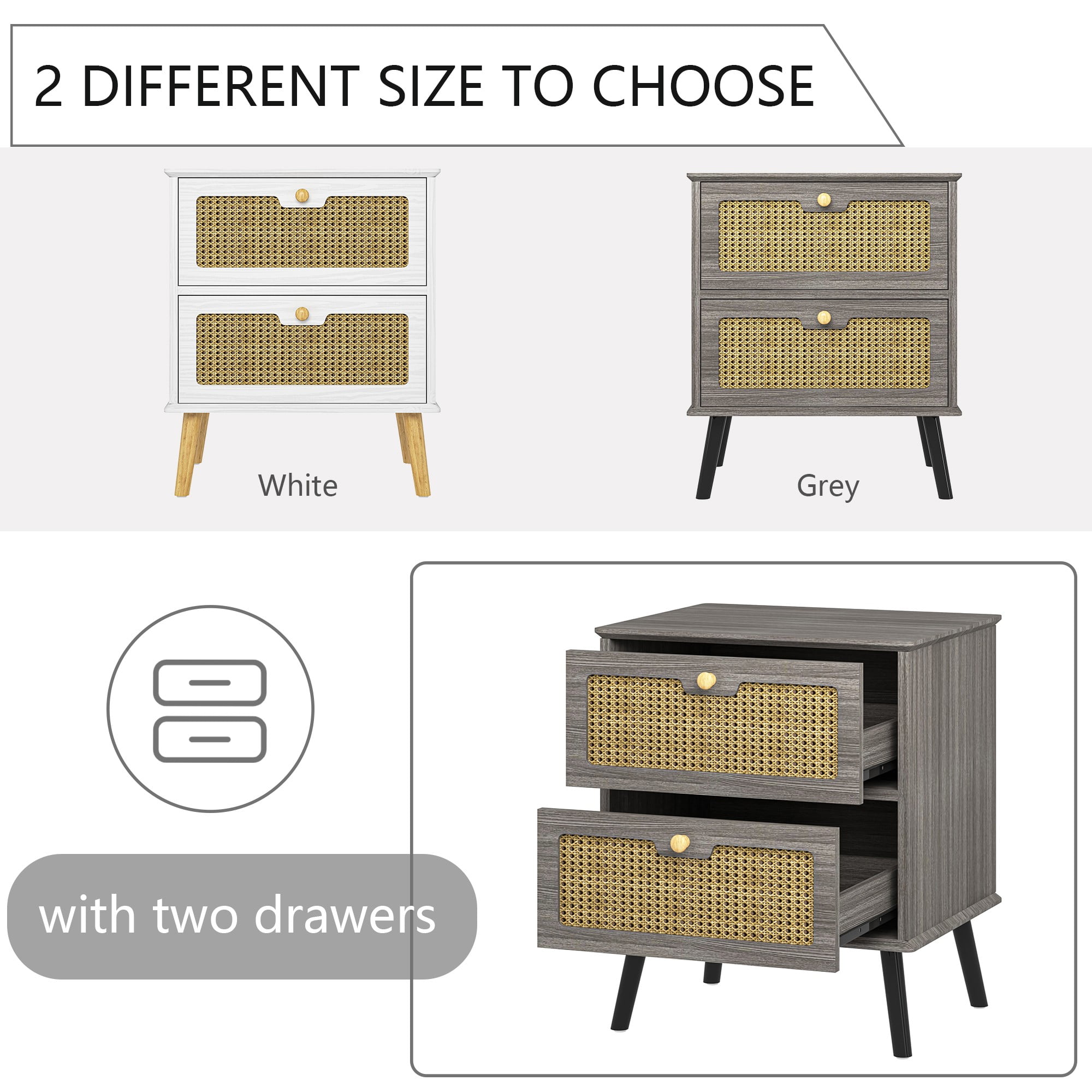 Finihen Nightstand, End Table, Side Table with 2 Hand Made Rattan Decorated Drawers, Wood Accent Table with Storage for Bedroom, Gray Finihen Nightstand, End Table, Side Table with 2 Hand Made Rattan Decorated Drawers, Wood Accent Table with Storage for Bedroom, Gray