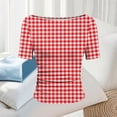 thumbnail image 6 of Htigea Plaid T-Shirts for Women Slim Short Sleeve Boat Neck Tops Cute Tees Y2K Trendy Side Ruched Summer Shirt Red S, 6 of 7